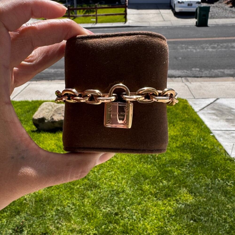 Michael Kors rose gold-toned chunky link chain bracelet engraved padlock charm